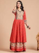 Cotton Red Traditional Wear Printed Readymade Kurti With Plazzo